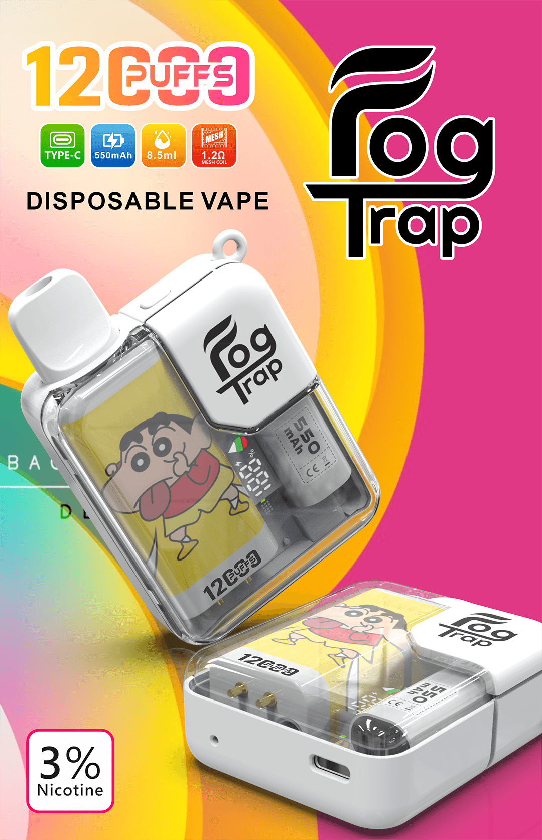 Fog Trap 12000 LABUBU & 蠟筆小新跨界新作 雙模式動力切換 850mAh高效續航 8.5ml油電量一目了然 台灣現貨【買10送1】:圖片 5