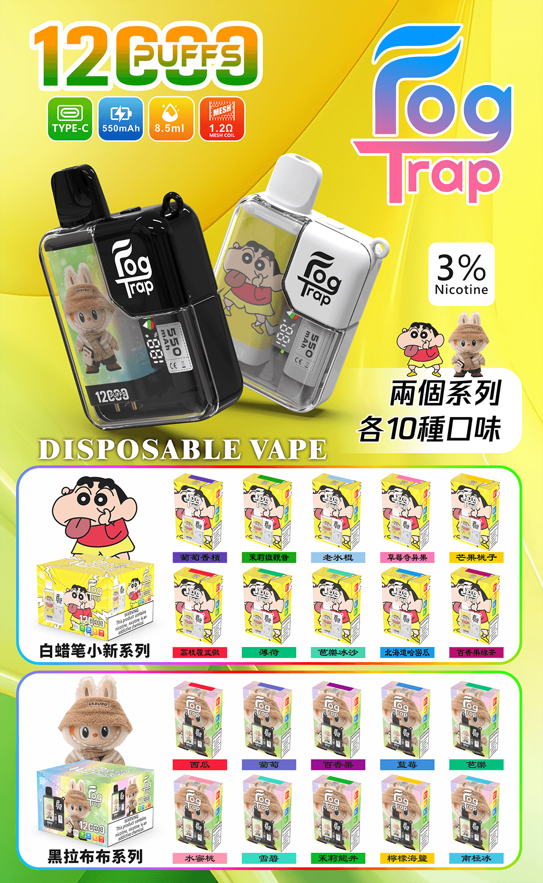 Fog Trap 12000 LABUBU & 蠟筆小新跨界新作 雙模式動力切換 850mAh高效續航 8.5ml油電量一目了然 台灣現貨【買10送1】:圖片 2